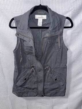Sebby Women's Gray Cotton Utility Cargo Vest Zip Up Drawstring Waist Small